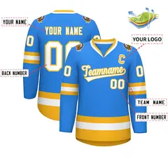 Powder Blue White-Gold Classic Style Hockey Jersey 2