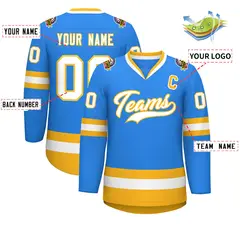 Powder Blue White-Gold Classic Style Hockey Jersey 2