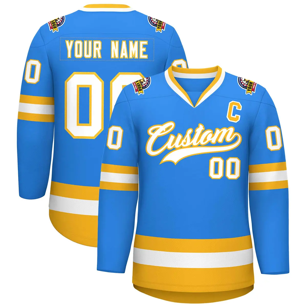 Powder Blue White-Gold Classic Style Hockey Jersey