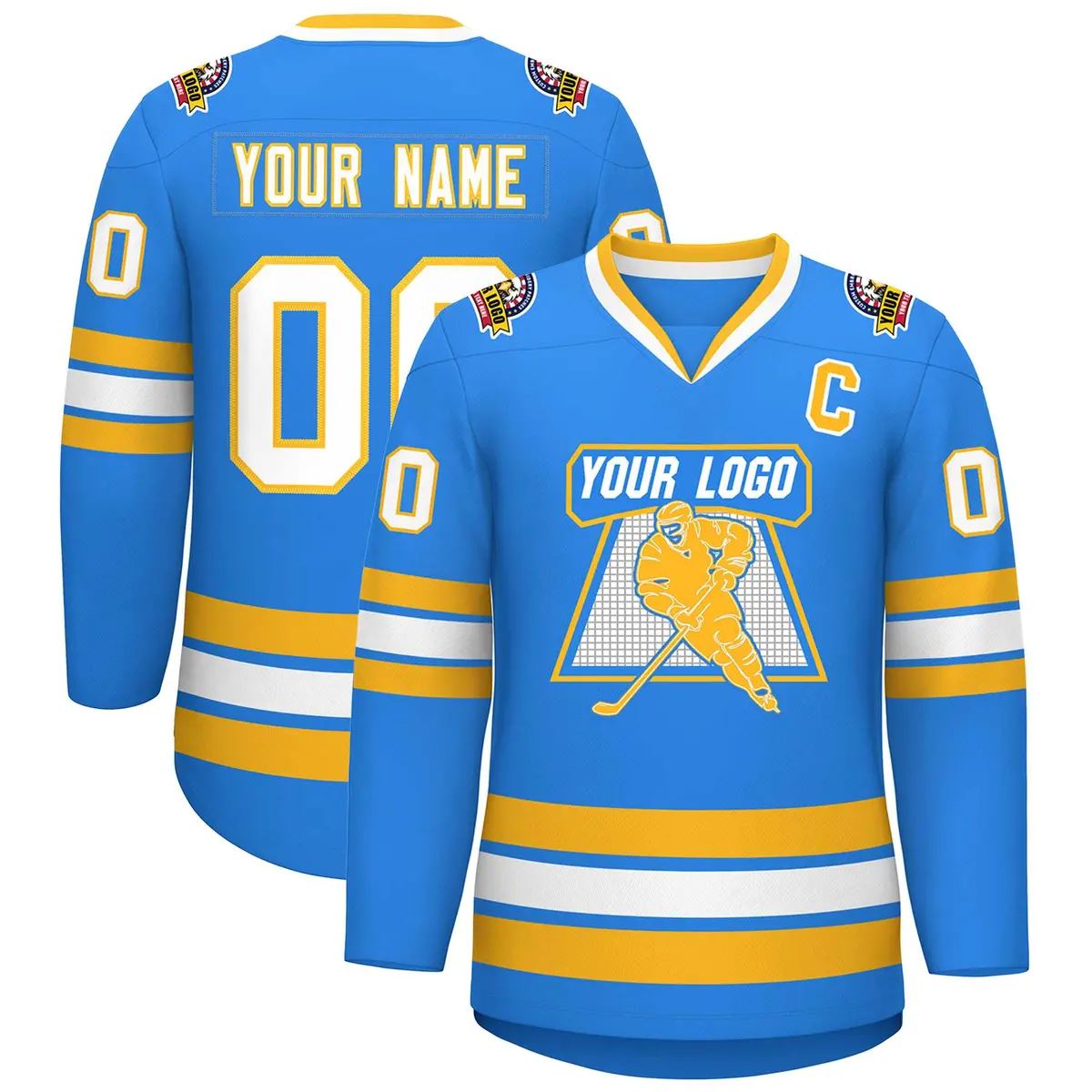 Powder Blue White-Gold Classic Style Hockey Jersey