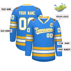 Powder Blue White-Gold Classic Style Hockey Jersey 2