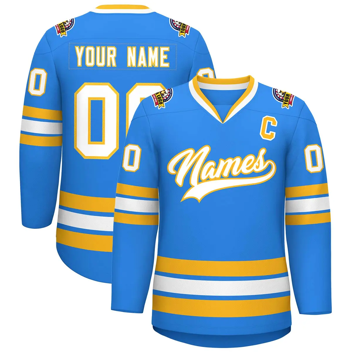 Powder Blue White-Gold Classic Style Hockey Jersey