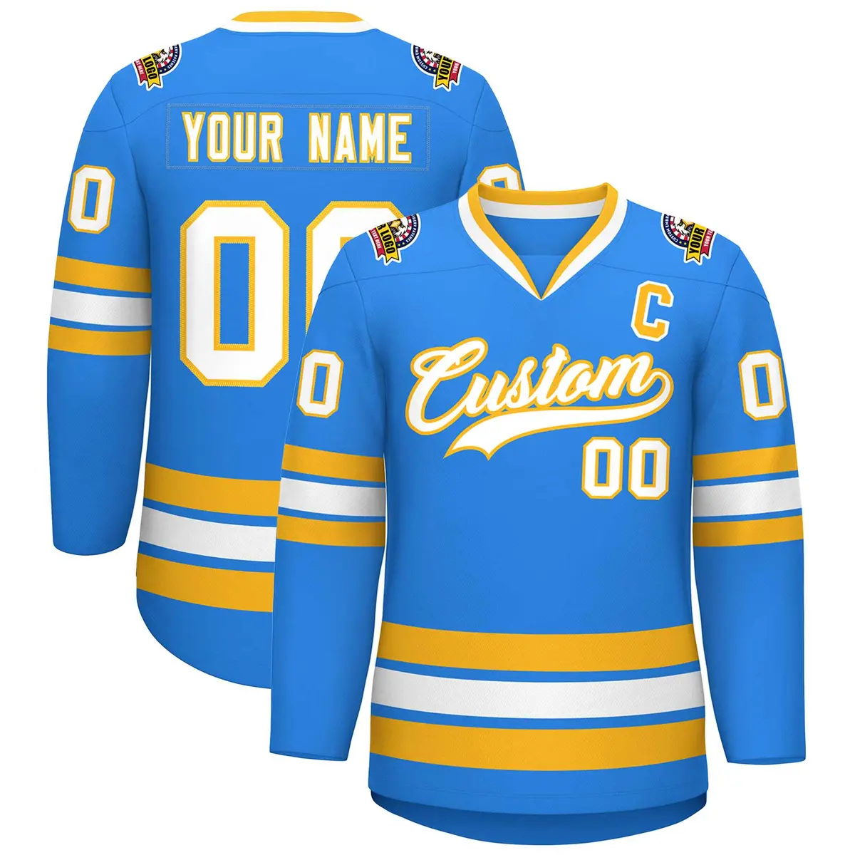 Powder Blue White-Gold Classic Style Hockey Jersey