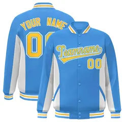 Powder Blue White-Gold Full-Snap Color Block Varsity Letterman Baseball Jacket