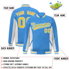 Powder Blue White-Gold Full-Snap Color Block Varsity Letterman Baseball Jacket 2