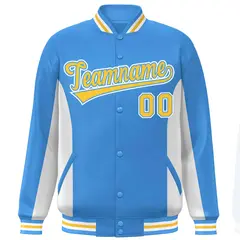 Powder Blue White-Gold Full-Snap Color Block Varsity Letterman Baseball Jacket 3