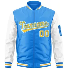 Powder Blue White-Gold Raglan Letterman Bomber Jacket 3