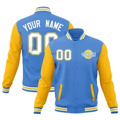 Powder Blue White Gold Raglan Sleeve Cotton Letterman Jacket 1