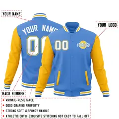 Powder Blue White Gold Raglan Sleeve Cotton Letterman Jacket 2