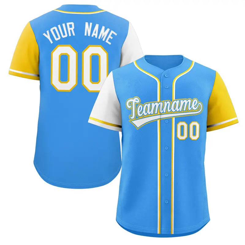 Powder Blue White-Gold Raglan Sleeves Baseball Jersey