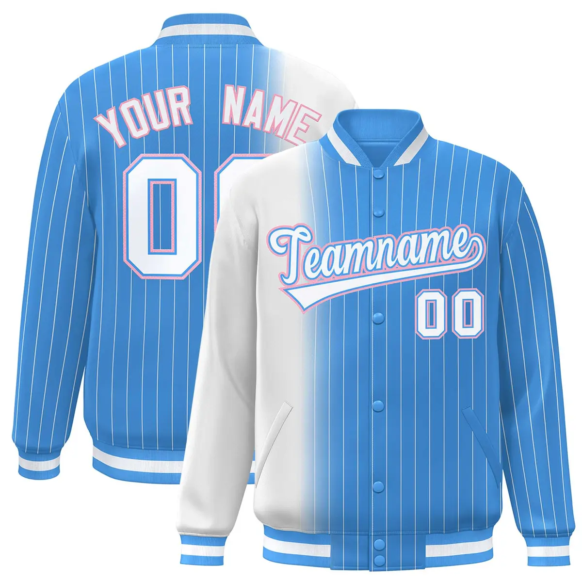 Powder Blue White Gradient Pinstripe Varsity Full-Snap Baseball Jacket