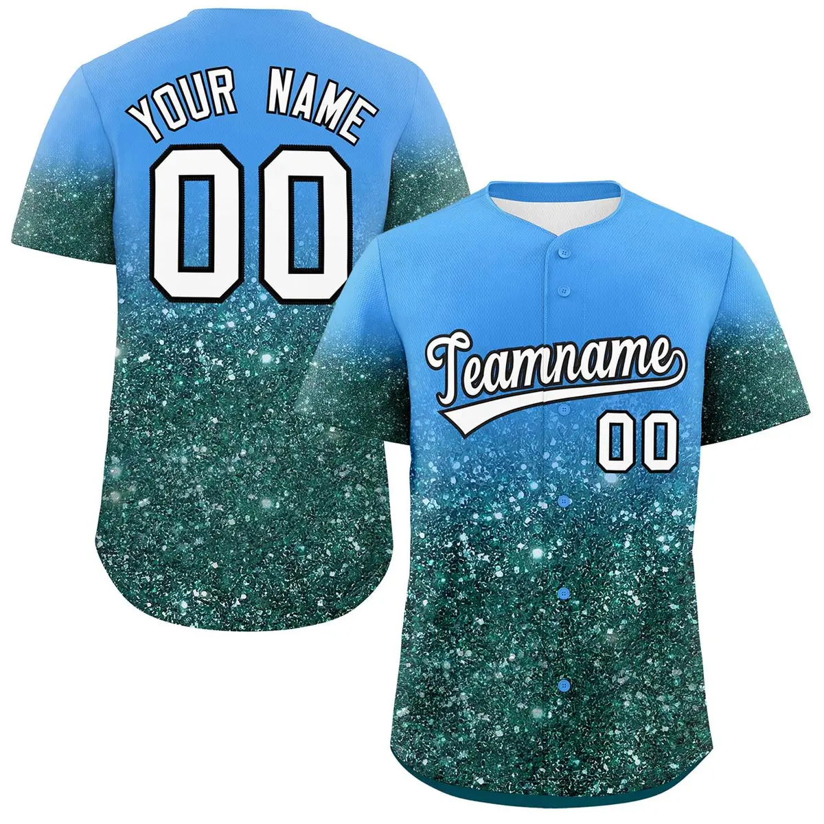 Powder Blue White Gradient Sparkle-Effect Baseball Jersey