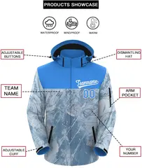 Powder Blue White Graffiti Pattern Hooded Waterproof Outdoor Jacket 2