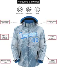Powder Blue White Graffiti Pattern Hooded Waterproof Outdoor Jacket 2