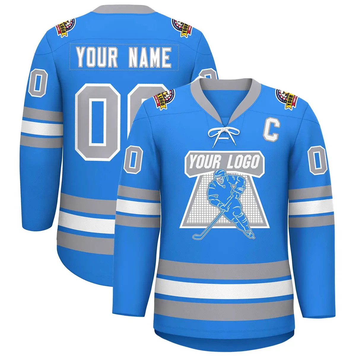 Powder Blue White-Gray Lace-Up Neck Hockey Jersey
