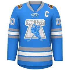 Powder Blue White-Gray Lace-Up Neck Hockey Jersey 4
