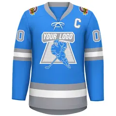 Powder Blue White-Gray Lace-Up Neck Hockey Jersey 3