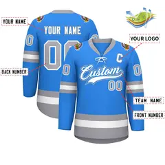 Powder Blue White-Gray Lace-Up Neck Hockey Jersey 2