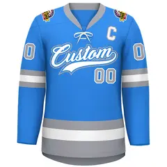 Powder Blue White-Gray Lace-Up Neck Hockey Jersey 3