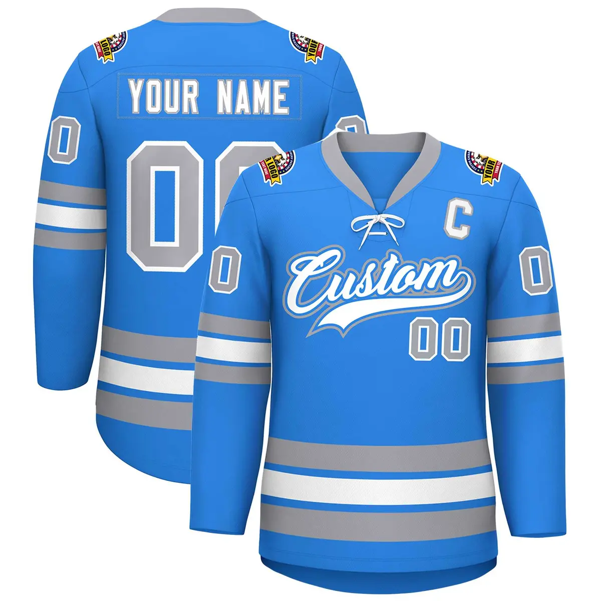 Powder Blue White-Gray Lace-Up Neck Hockey Jersey