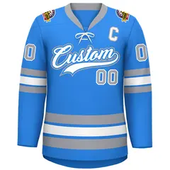 Powder Blue White-Gray Lace-Up Neck Hockey Jersey 3