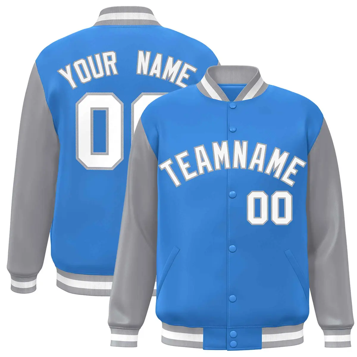 Powder Blue White-Gray Raglan Varsity Full-Snap Letterman Jacket