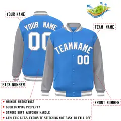 Powder Blue White-Gray Raglan Varsity Full-Snap Letterman Jacket 2