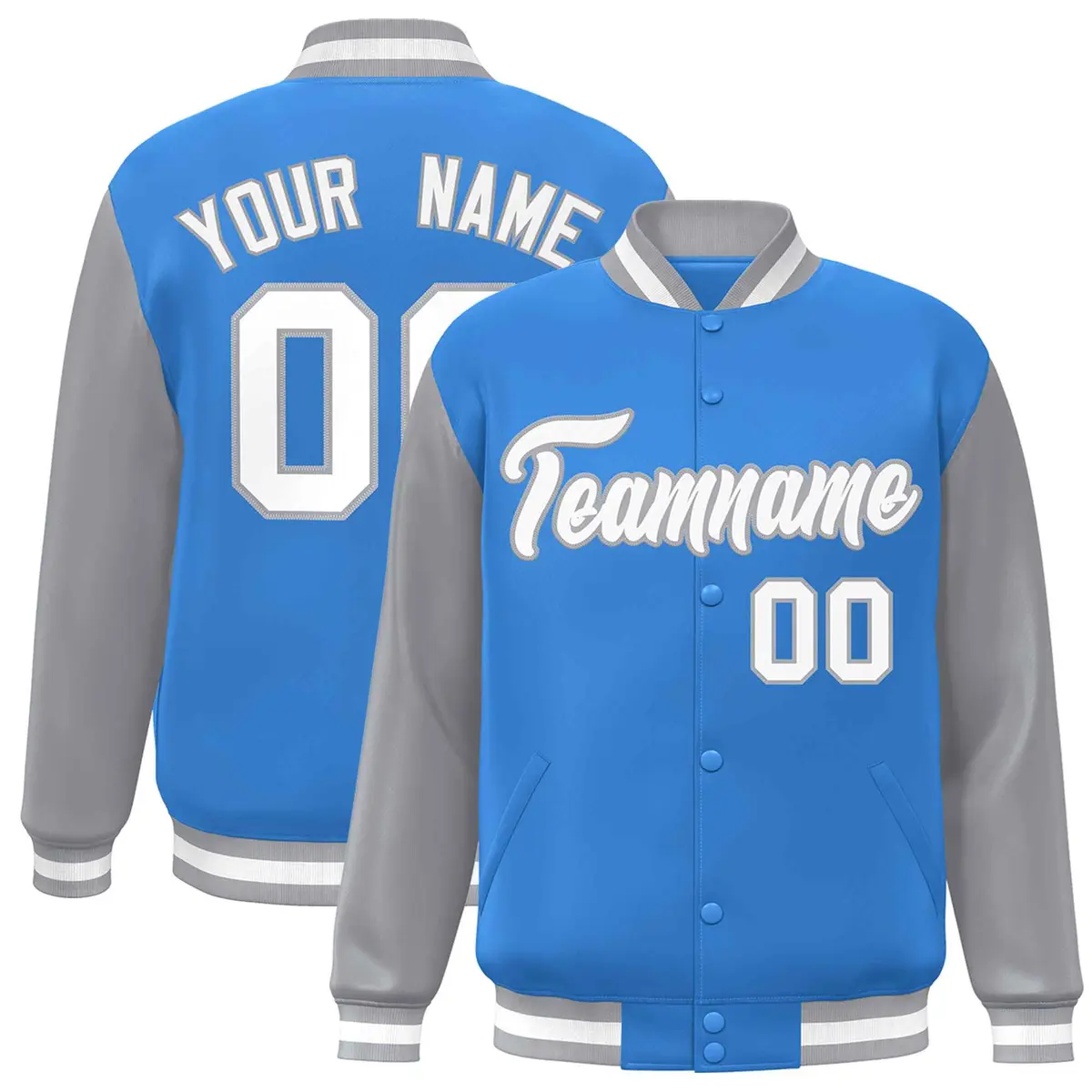 Powder Blue White-Gray Raglan Varsity Full-Snap Letterman Jacket