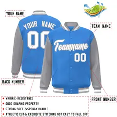 Powder Blue White-Gray Raglan Varsity Full-Snap Letterman Jacket 2