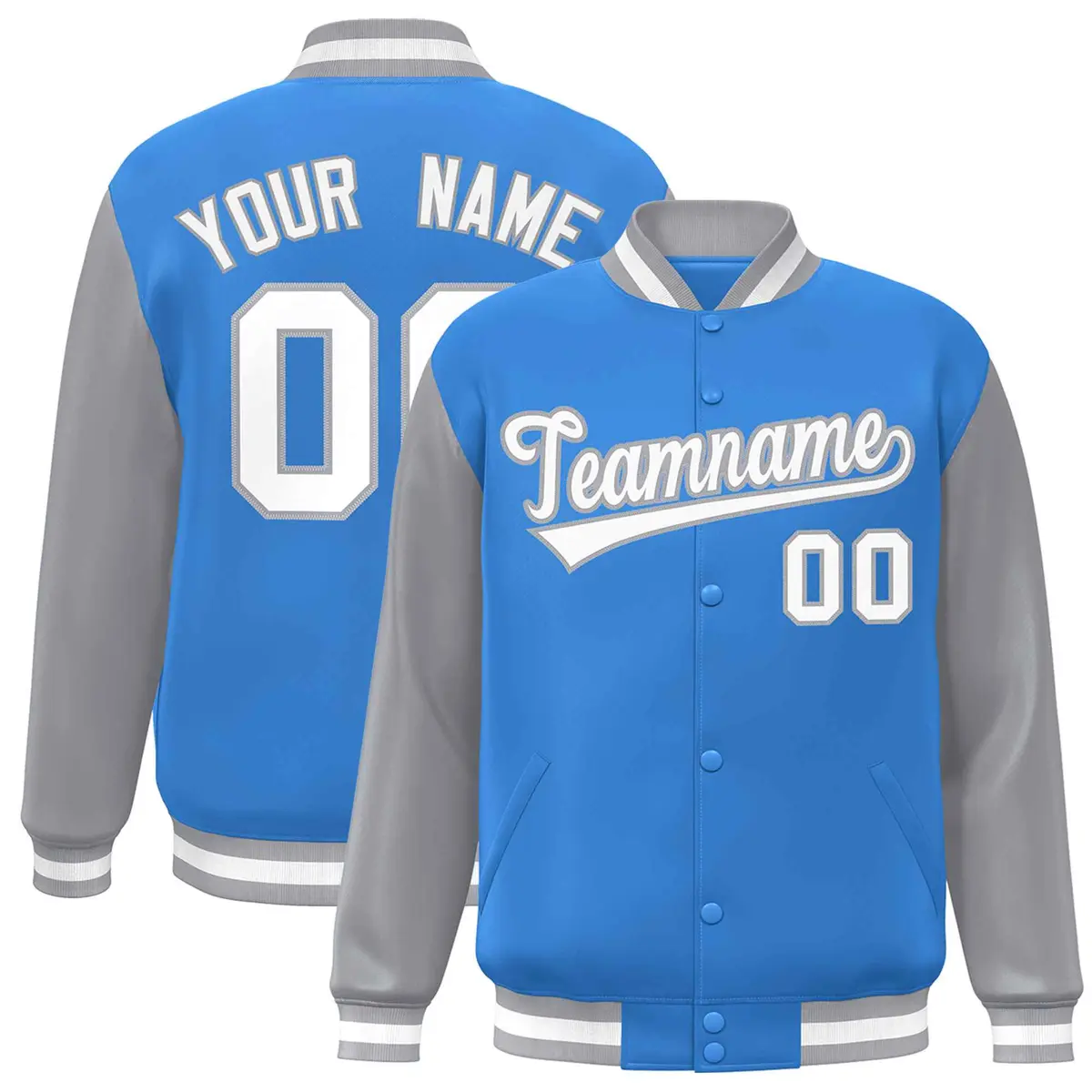 Powder Blue White-Gray Raglan Varsity Full-Snap Letterman Jacket
