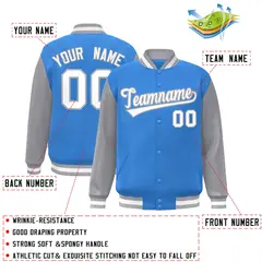 Powder Blue White-Gray Raglan Varsity Full-Snap Letterman Jacket 2
