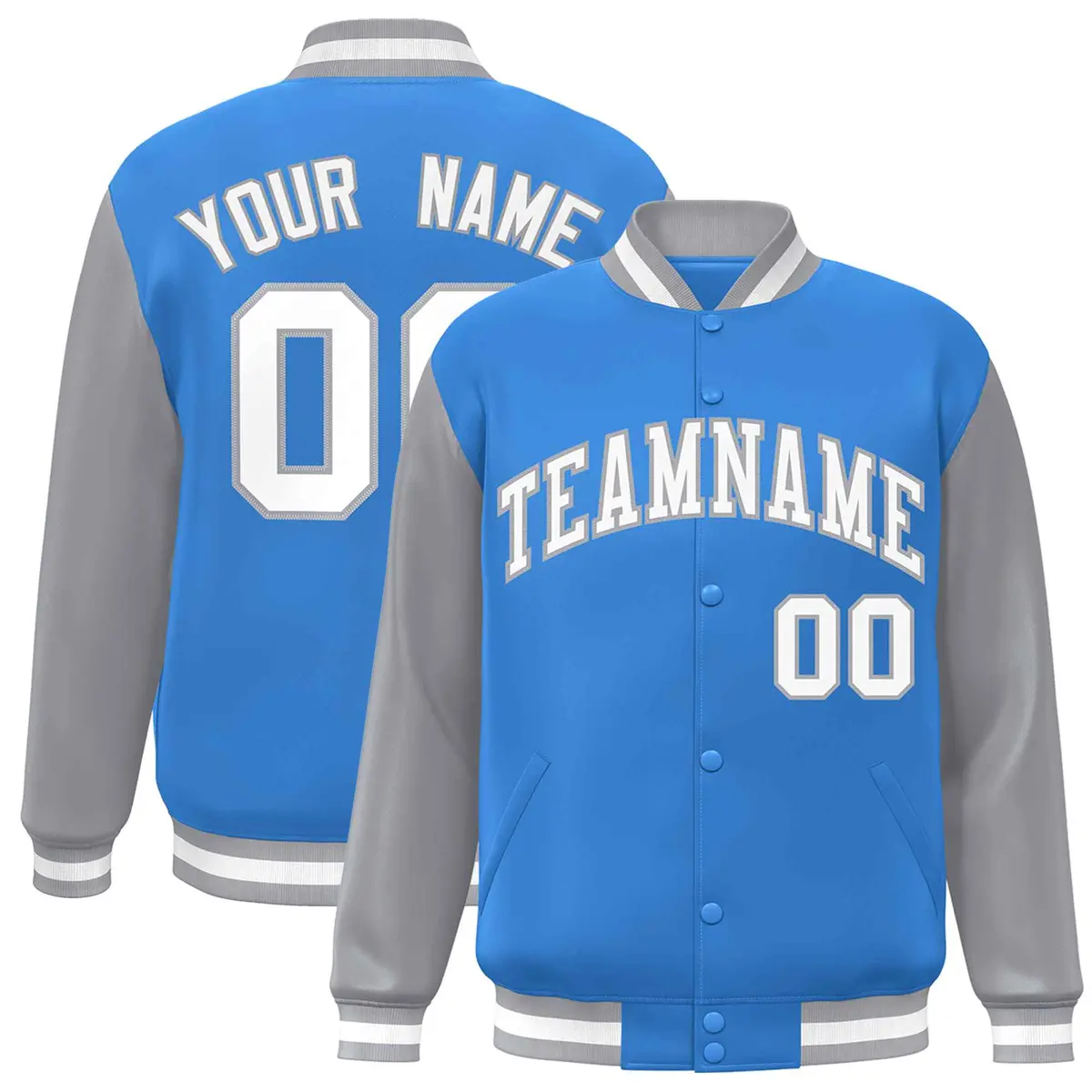 Powder Blue White-Gray Raglan Varsity Full-Snap Letterman Jacket