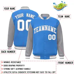 Powder Blue White-Gray Raglan Varsity Full-Snap Letterman Jacket 2