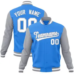 Powder Blue White-Gray Raglan Varsity Full-Snap Letterman Jacket