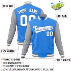 Powder Blue White-Gray Raglan Varsity Full-Snap Letterman Jacket 4