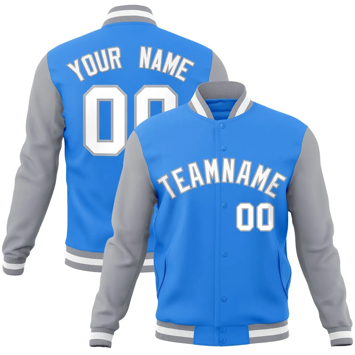 Powder Blue White-Gray Raglan Varsity Full-Snap Letterman Jacket
