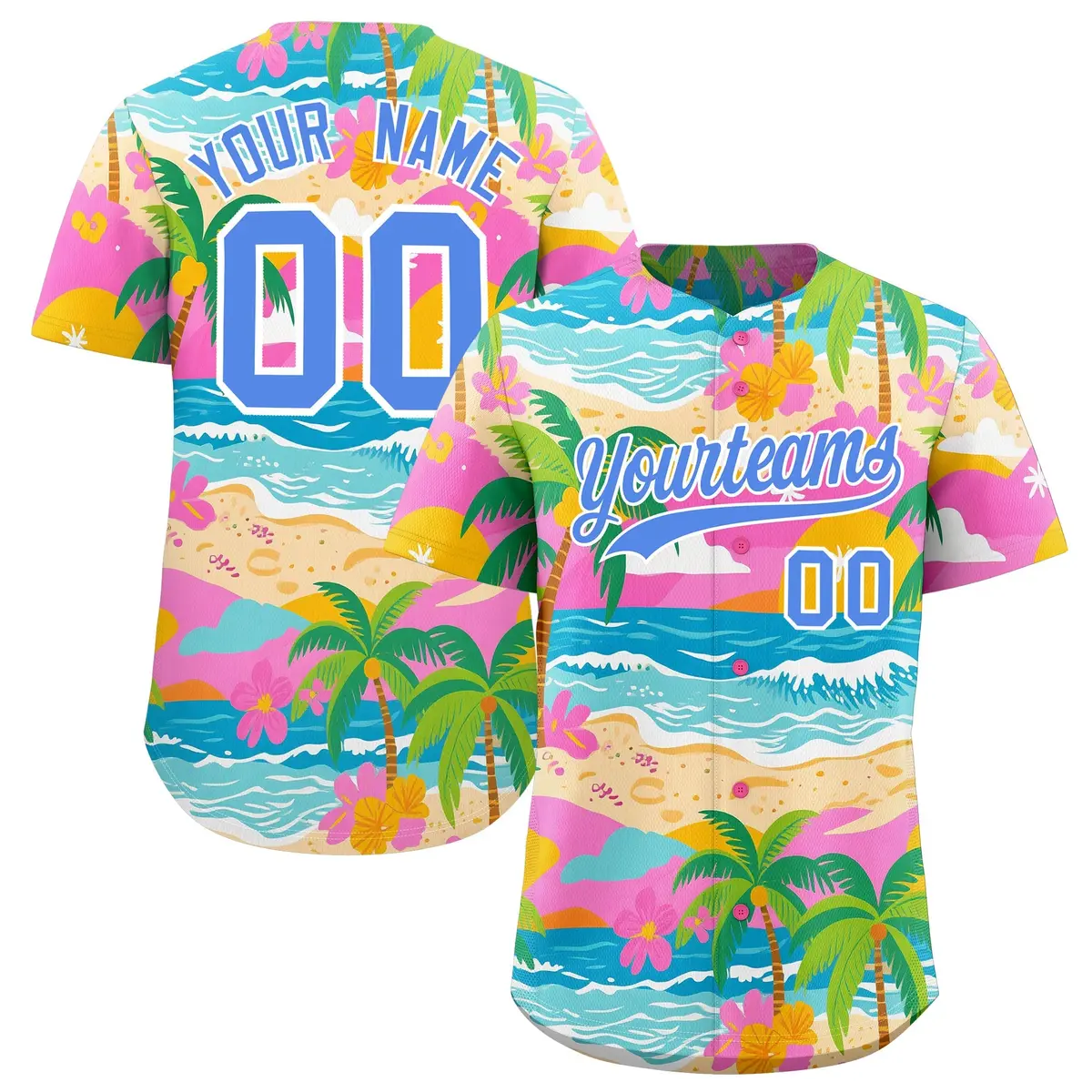 Powder Blue White Hawaiian Graffiti Palm Tree Baseball Jersey