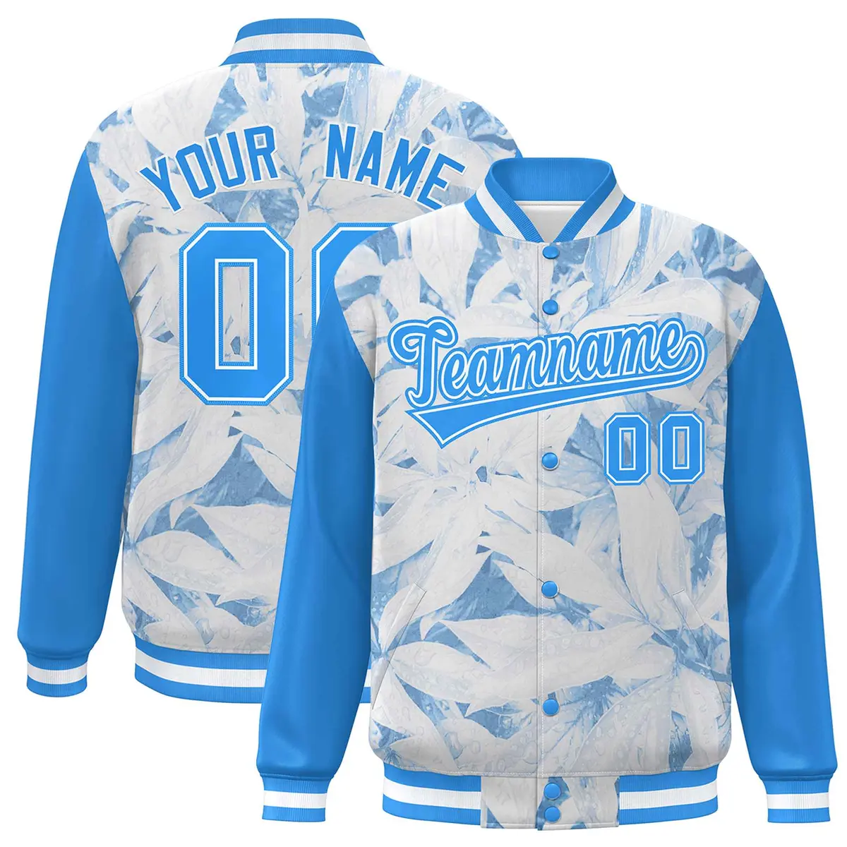 Powder Blue White Maple Leaf Graffiti Raglan Varsity Bomber Jacket