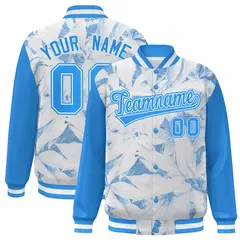 Powder Blue White Maple Leaf Graffiti Raglan Varsity Bomber Jacket