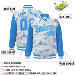 Powder Blue White Maple Leaf Graffiti Raglan Varsity Bomber Jacket 2
