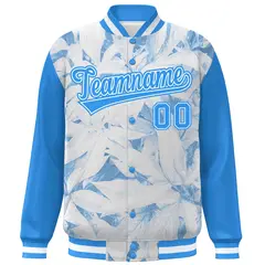 Powder Blue White Maple Leaf Graffiti Raglan Varsity Bomber Jacket 3