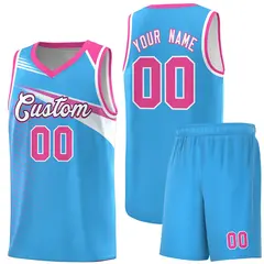 Powder Blue White-Navy Chest Color Block Basketball Jersey 1