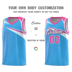 Powder Blue White-Navy Chest Color Block Basketball Jersey 3