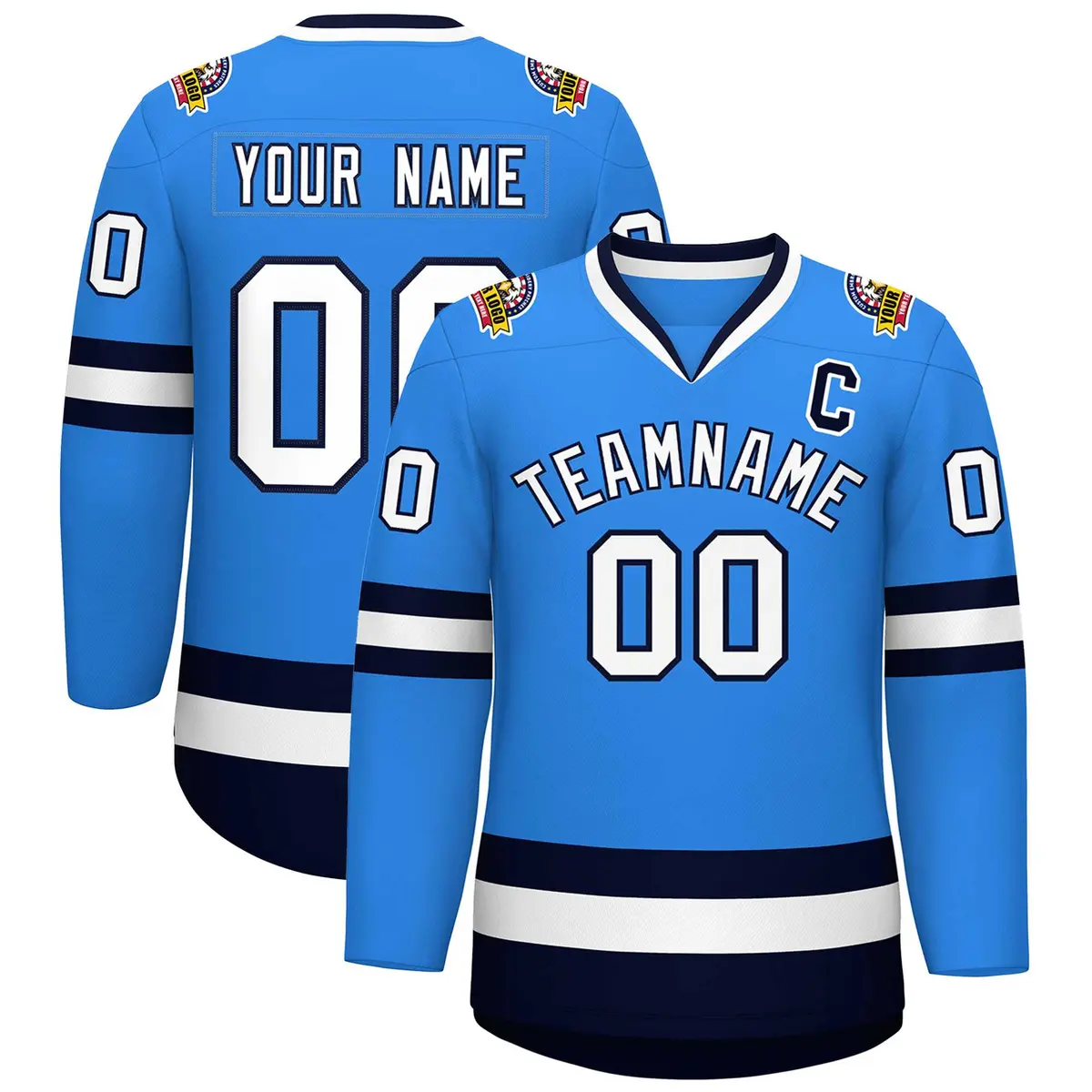 Powder Blue White-Navy Classic Style Hockey Jersey