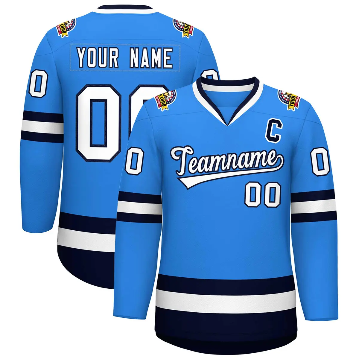 Powder Blue White-Navy Classic Style Hockey Jersey