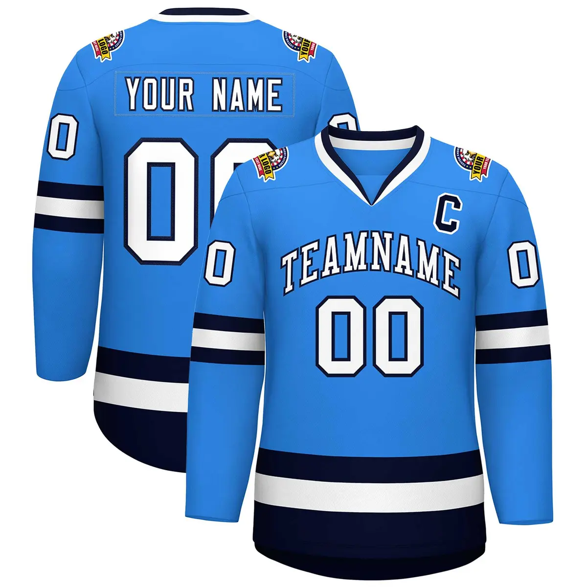 Powder Blue White-Navy Classic Style Hockey Jersey