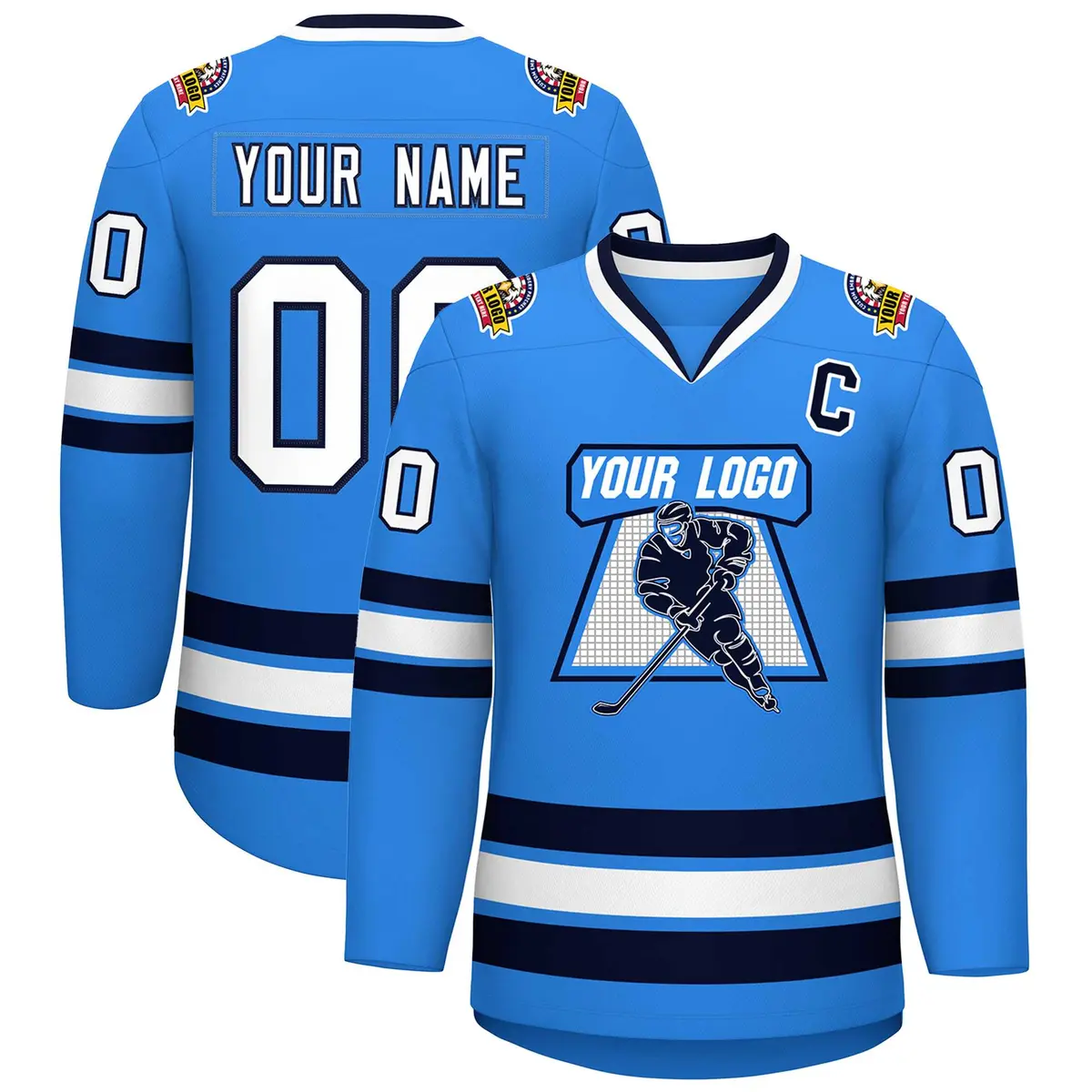 Powder Blue White-Navy Classic Style Hockey Jersey