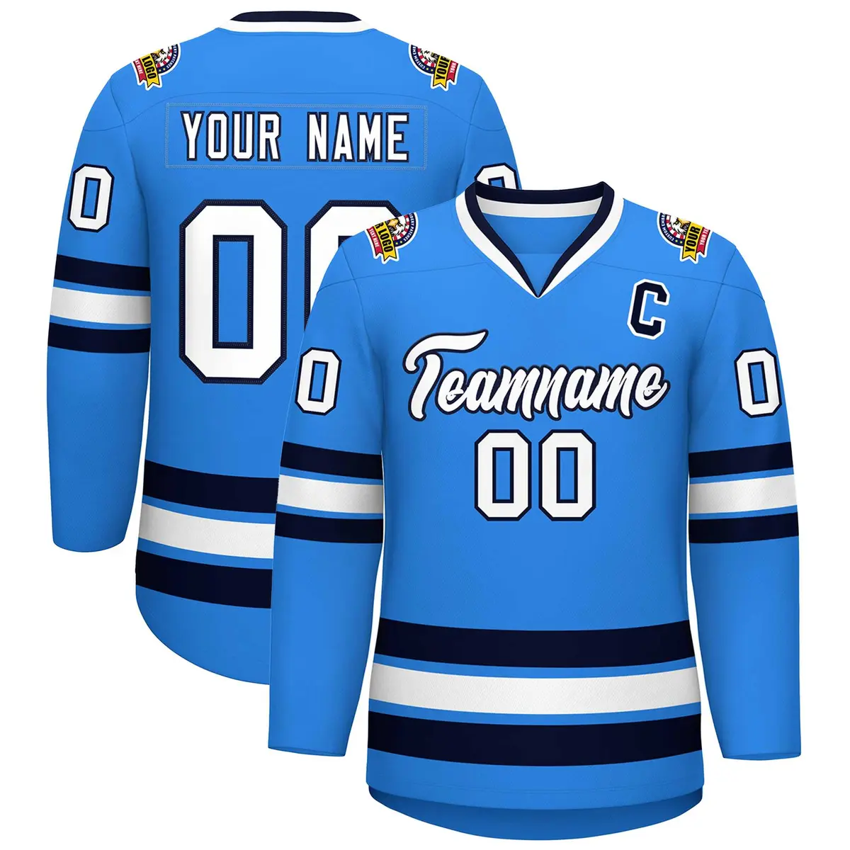 Powder Blue White-Navy Classic Style Hockey Jersey