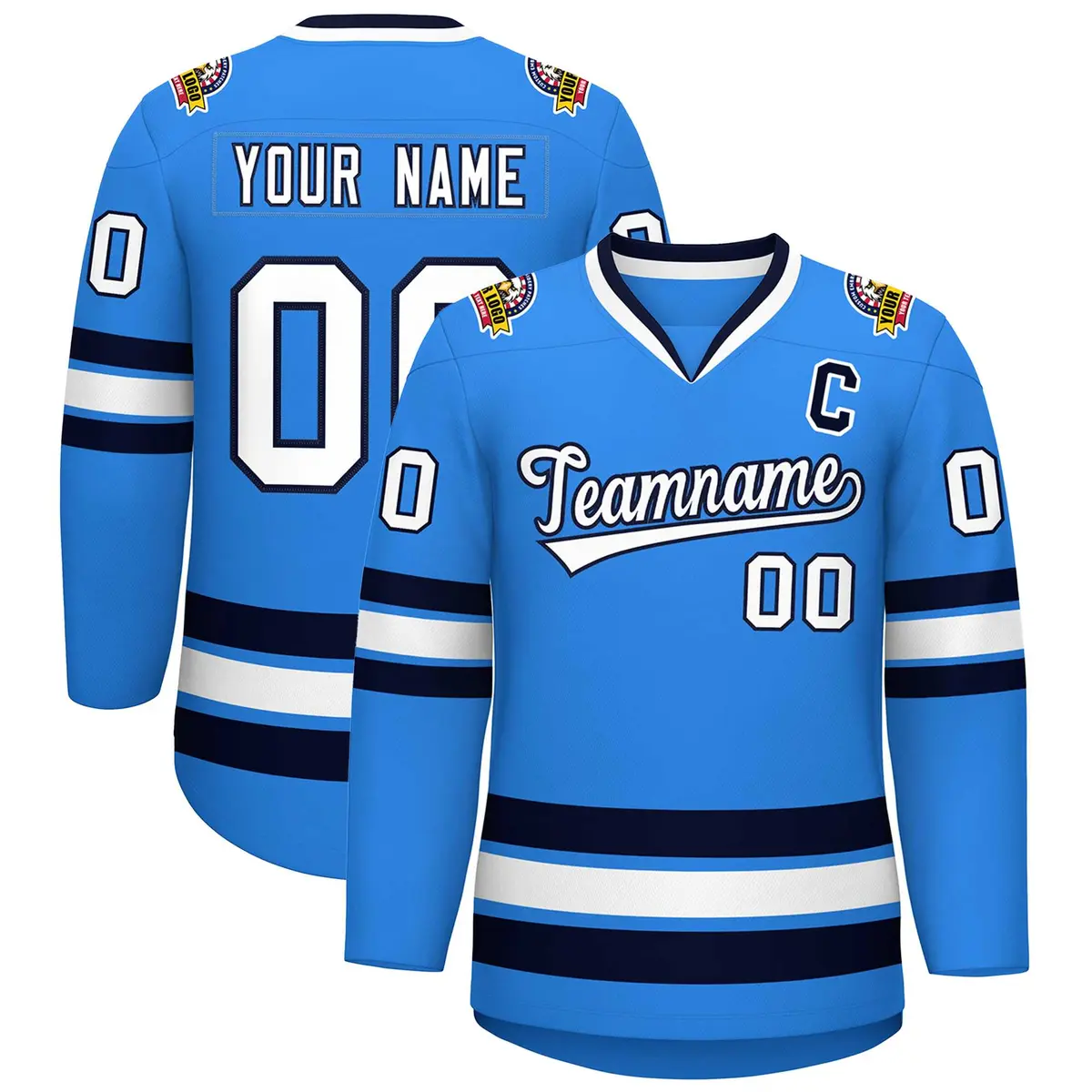 Powder Blue White-Navy Classic Style Hockey Jersey