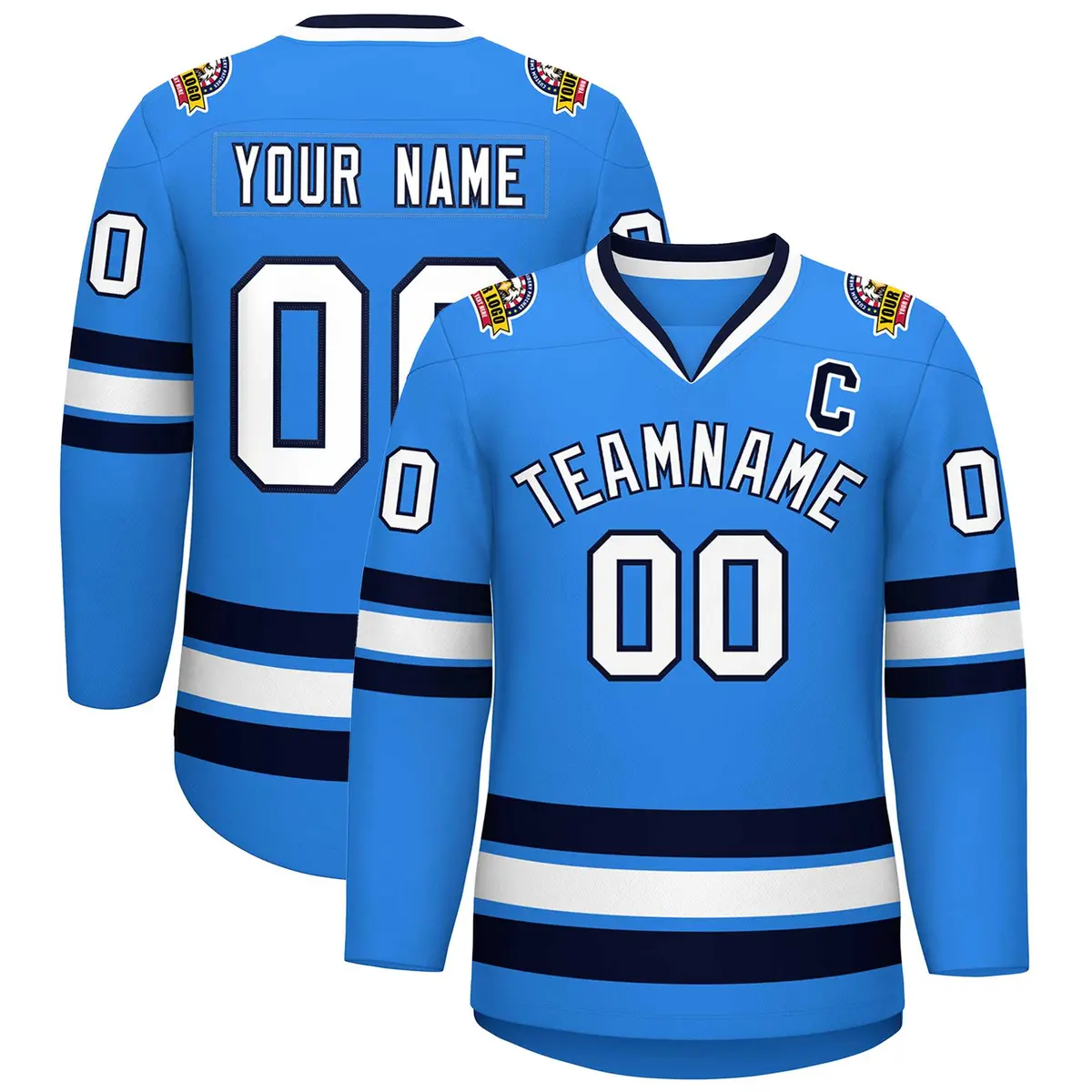Powder Blue White-Navy Classic Style Hockey Jersey